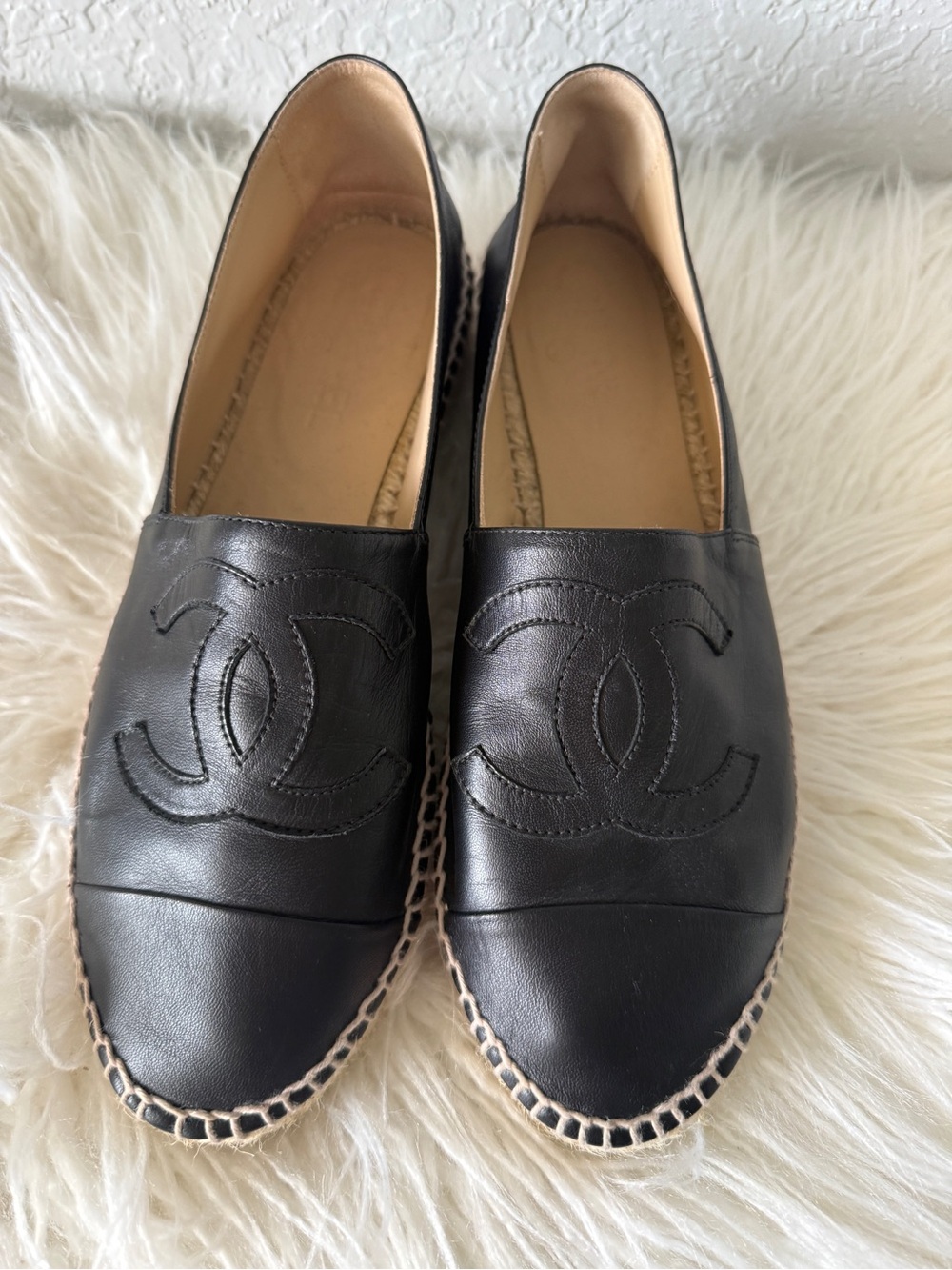 CHANEL Black Leather Espadrilles with Signature CC Motif